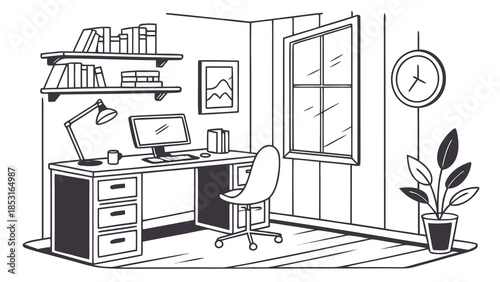 Vector illustration home office workspace with desk and computer