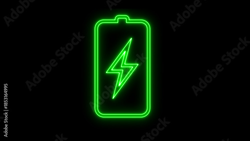Vibrant Neon Green Battery Charging Icon with Lightning Bolt on Black, Representing Power and Energy.