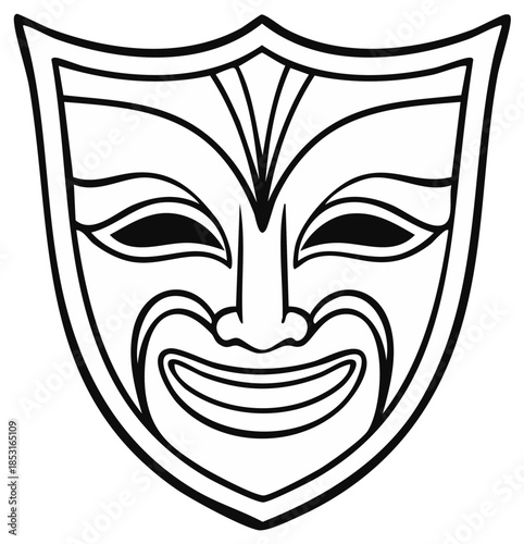 Classic theatrical mask symbol for drama and comedy emotions outlined in black on white