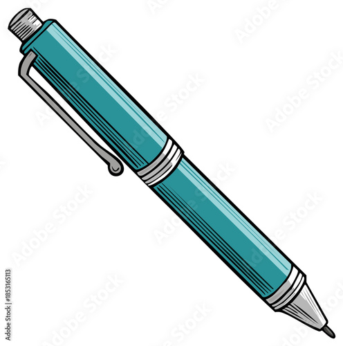 Teal ballpoint pen illustration, stationery item used for writing and drawing