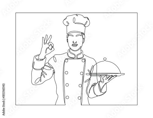 Chef holding cloche dish and showing ok gesture single line art cooking food logo.