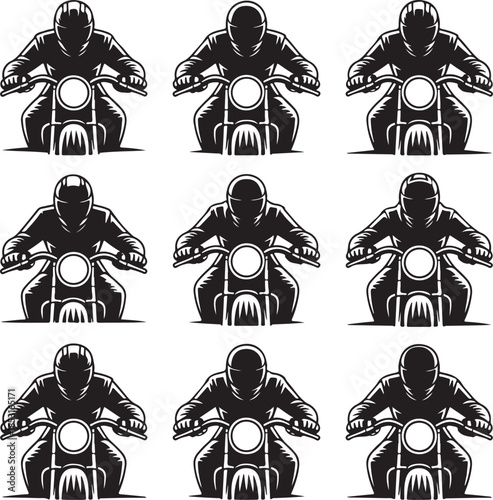 Nine identical black and white illustrations of a motorcycle rider from a frontal perspective biker motorbike