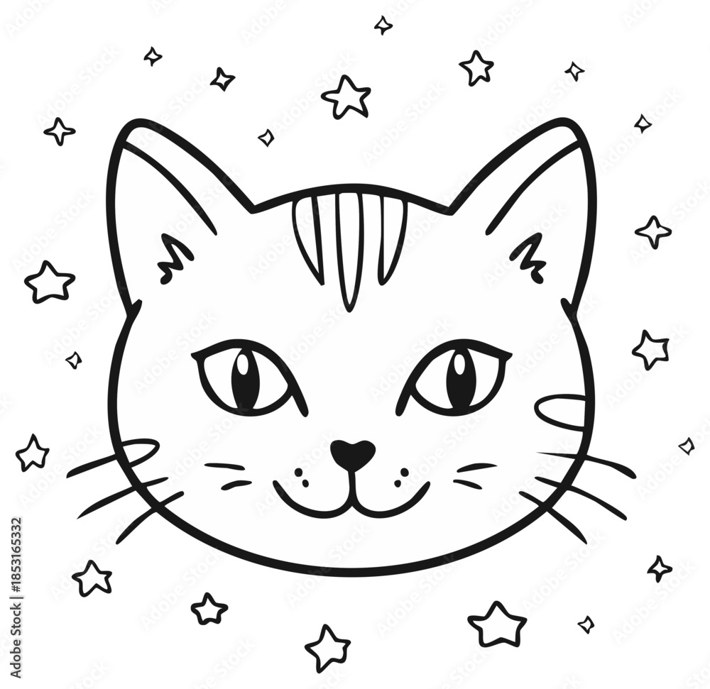 Obraz premium Cute hand-drawn cat face with stars, outline illustration, whimsical pet portrait