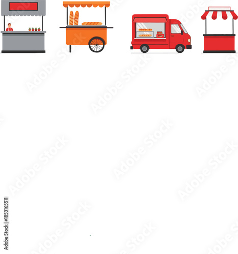 Flat vector set of bakery food truck and bread market stalls including fresh baguette and pastry vendors isolated on white background for business