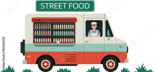 Modern street food van with driver character selling bottled drinks and beverages isolated on white background flat vector illustration for delivery service