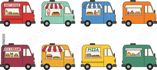 Set of colorful food trucks and street food vans including pizza ice cream and hot dog catering transport isolated on white background flat vector illustration
