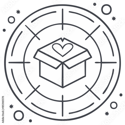 Line art icon of a donation box with a heart, symbolizing charity and giving