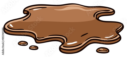 Cartoon illustration of spilled chocolate liquid or mud puddle, various shapes and blobs.