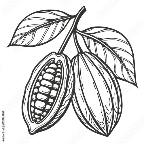Vector illustration black and white illustration of cacao pod with leaves
