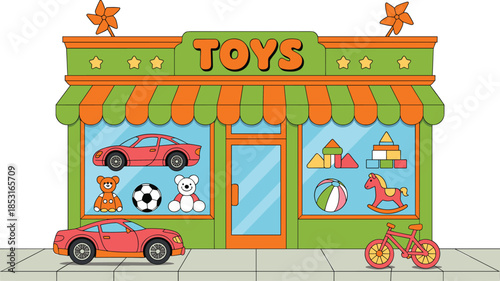 Flat vector illustration of a green toy shop storefront with orange awning featuring window displays of stuffed animals cars and blocks.