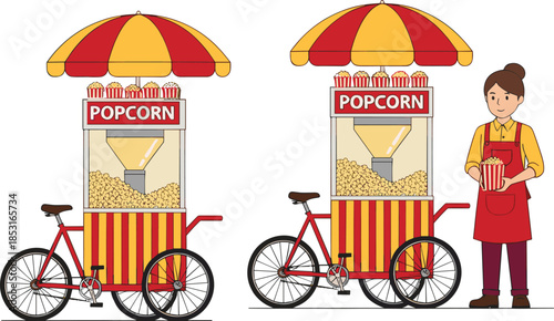 Mobile popcorn bicycle cart vector illustration with female vendor character and striped umbrella for outdoor festivals and carnivals.