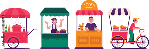 Set of flat vector illustrations featuring street food stalls soup cart bakery stand and mobile fruit bicycle vendor.