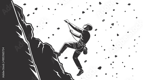 Vector illustration a man climbing a steep cliff with rocks falling around him