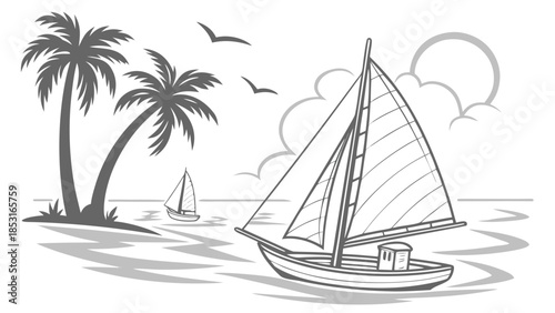 Vector illustration a sailboat on the ocean with palm trees