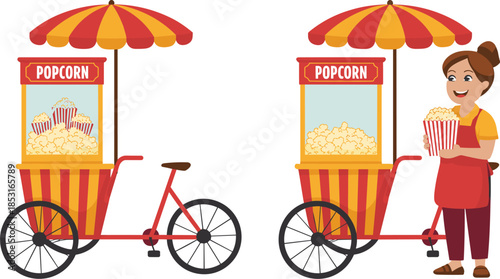 Mobile popcorn bicycle cart vector illustration with female vendor character and striped umbrella for outdoor festivals and carnivals.