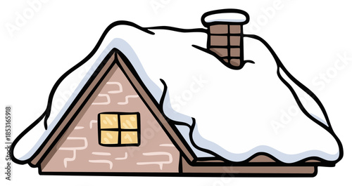 Cozy Winter Cottage Roof Covered in Fresh Snow and Icicles