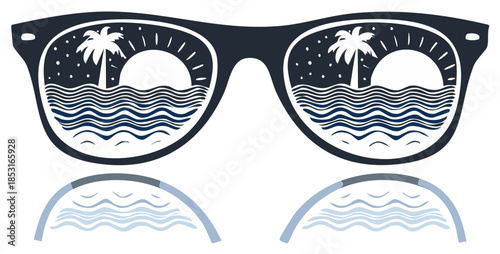 Sunglasses reflecting a tropical beach with palm tree, sea, and sun, illustration, summer vacation