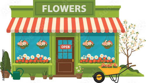 Flat vector illustration of a green flower shop storefront with striped awning blooming plants wheelbarrow and gardening tools.