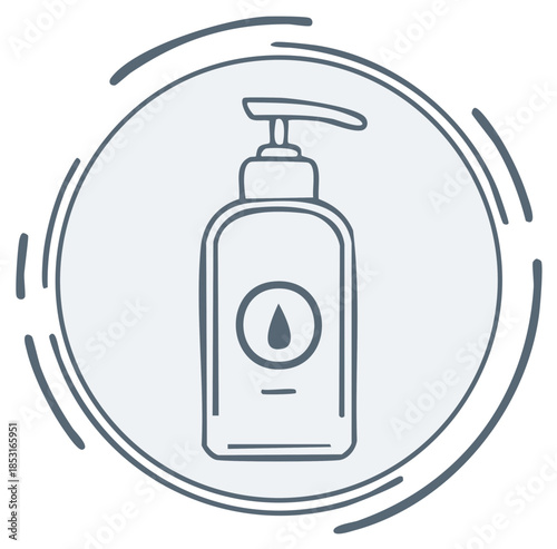 Clean line art icon of a pump bottle dispenser for soap or sanitizer with a droplet symbol