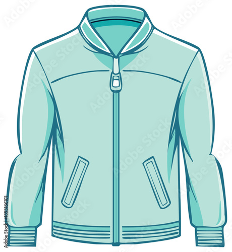 Teal Blue Varsity Jacket Graphic, Classic Outerwear with Full Zipper Closure and Ribbed Cuffs