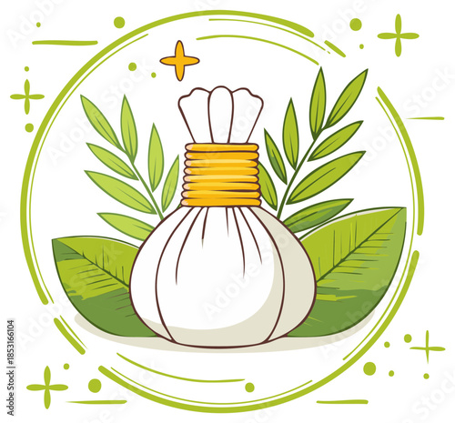 Herbal Compress with Green Leaves in Circular Frame for Wellness Illustration