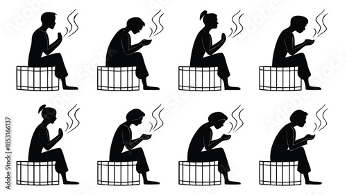 Vector illustration eight people sitting on crates with smoke