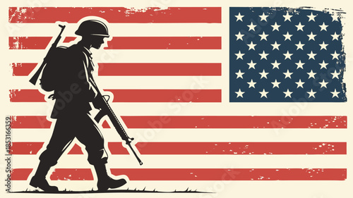 Vector illustration american soldier silhouette with flag background