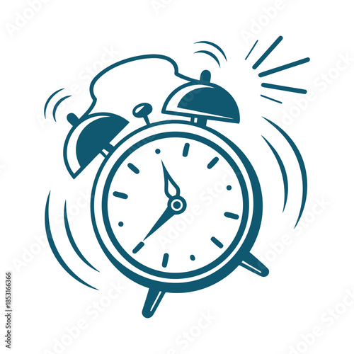 Blue alarm clock with sound waves and alarm symbol