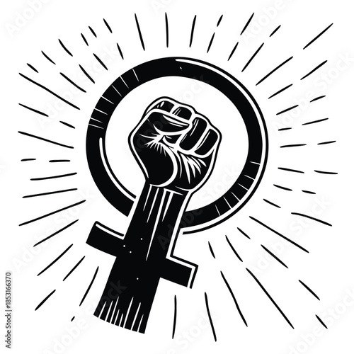 Vector illustration a black and white illustration of a raised fist in a female symbol with lines radiating from it