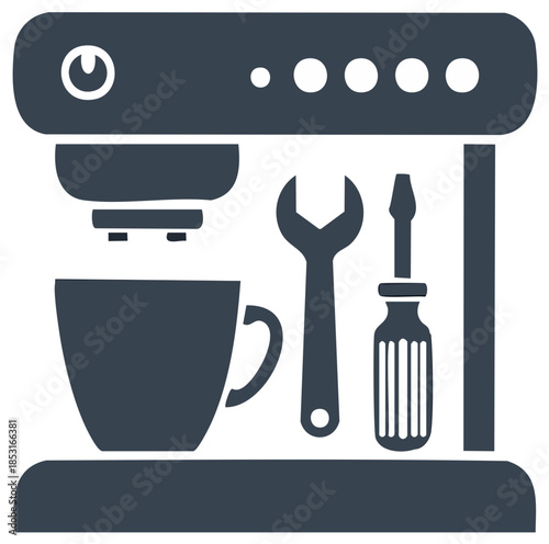 Coffee Machine Repair Concept Coffee Cup Wrench and Screwdriver Tools Maintenance Equipment for Brewing Isolated Vector Illustration
