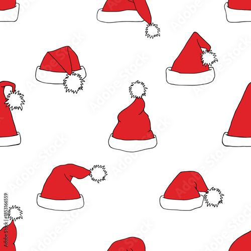Seamless pattern with cute red Santa hats in hand drawn cartoon style. Festive Christmas background perfect for wrapping paper, textiles, greeting cards, packaging, holiday design projects.