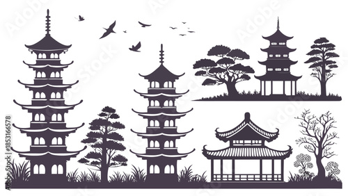 Vector illustration asian landscape with pagodas trees and birds flying overhead