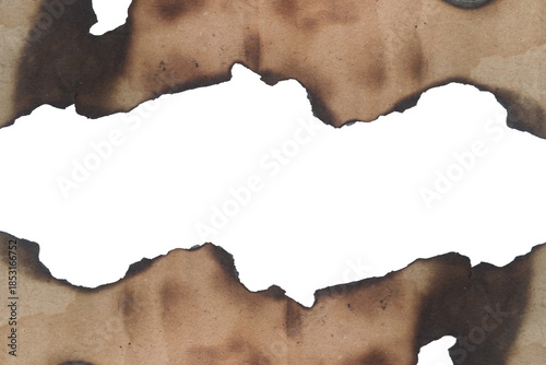 A distressed brown paper background with a large horizontal burnt hole for text or design isolated on transparent background
