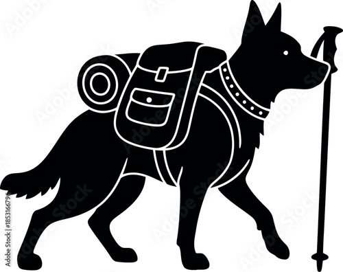 German Shepherd Hiking Silhouette with Backpack and Walking Stick Vector Illustration