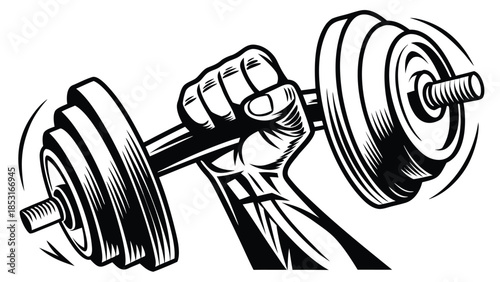 Vector illustration a black and white illustration of a hand gripping a dumbbell