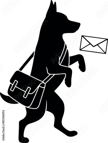 Silhouette of German Shepherd Dog Mail Carrier Delivering Envelope Vector Illustration
