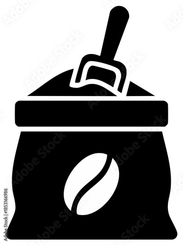 Minimalist glyph icon of a coffee bag with a bean logo and scoop for grounds