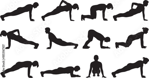 Set of Black Silhouettes Depicting Men and Women in Different Push-up and Plank Poses exercise fitness