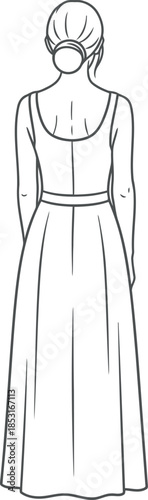 Elegant Woman in Long Dress Back View Line Art Illustration for Fashion Design