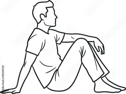 Minimalist Line Art of Seated Man Relaxing, Modern Black and White Outline Illustration