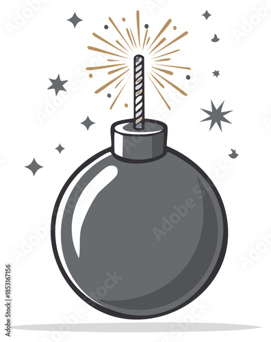 Retro cartoon bomb with lit fuse and festive fireworks sparks surrounding