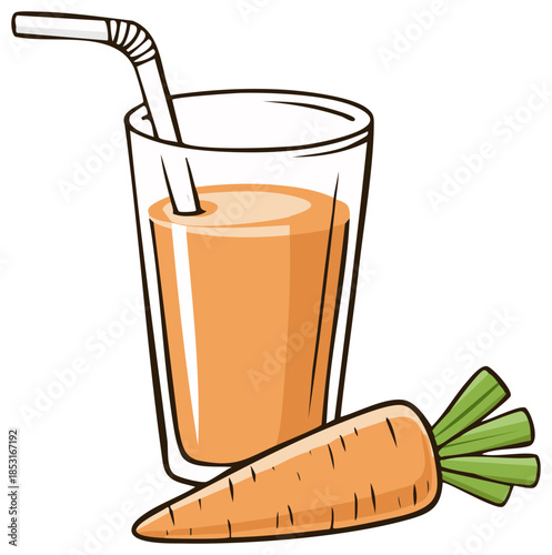 Fresh Carrot Juice Illustration, Glass with Straw and Vegetable