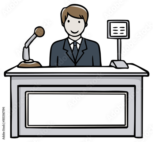 Businessman or politician giving a speech at a podium with a microphone and teleprompter cartoon illustration