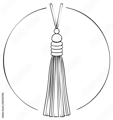 Elegant decorative tassel line art illustration featuring a beaded cord with fringe against a circular element for design projects