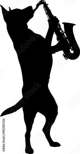 Silhouette of Dog Playing Saxophone Isolated on White, Musical Animal Art Concept