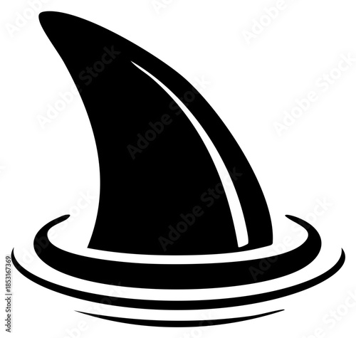 Black shark fin icon swimming in water with ripples ocean predator silhouette design