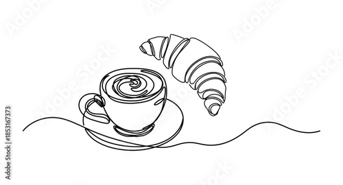 One line art of a coffee cup with swirling foam and a croissant pastry breakfast.