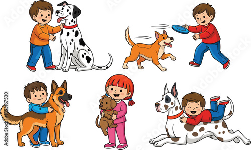 Cartoon children playing with dogs, hugging, petting, cuddling, joyful pet interaction, friendship and care – flat vector illustration