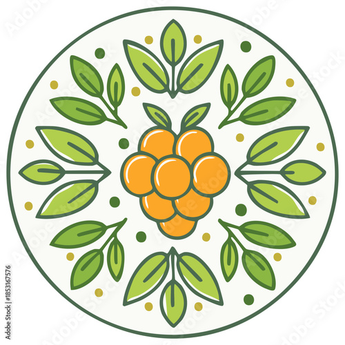 Stylized orange berry and green leaf folk art medallion in a symmetrical circular design
