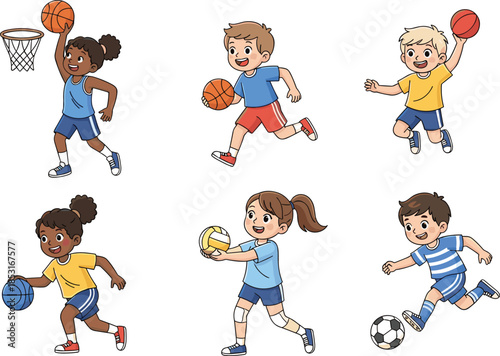 Cartoon children playing basketball, volleyball, soccer, active sports poses, athletic clothing, fun physical activity – flat vector illustration
